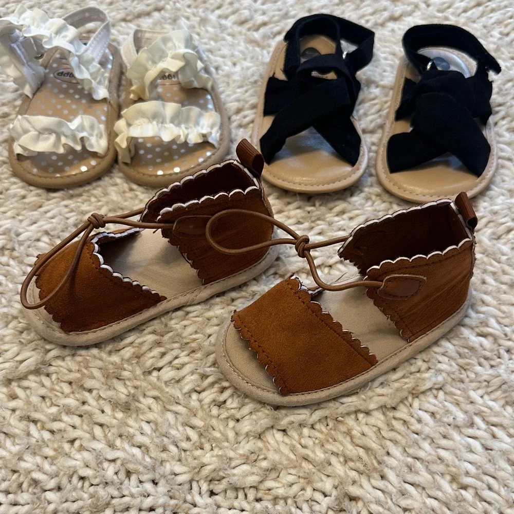 EUC lot of 3 Stylish Kids Sandals Set - Brown, Black, and white size 4